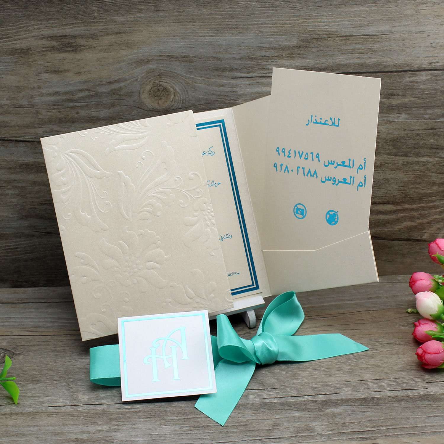 Embossing Invitation Card with Ribbon Bow Printing Customized Greeting Card 
